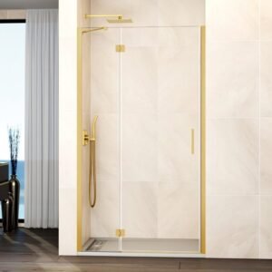 Mampara ducha Fijo + puerta abatible GLASS con cierre a perfil imán oro - Imagen 1