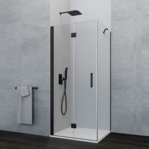 Mampara plegable al interior del plato + lateral fijo GLASS negra - Imagen 1