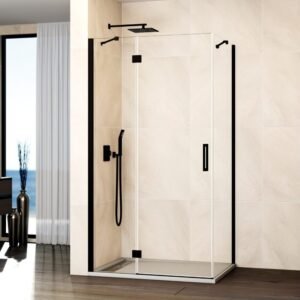 Mampara ducha Fijo + abatible con lateral fijo GLASS cierre imán a pared negro - Imagen 1