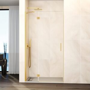 Mampara ducha Fijo + puerta abatible GLASS con cierre imán a pared oro - Imagen 1