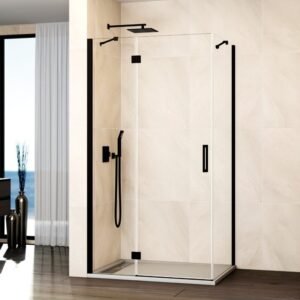 Mampara ducha Fijo + abatible con lateral fijo GLASS cierre imán a pared negro - Imagen 1