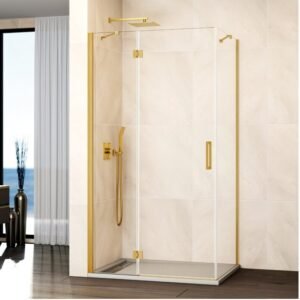Mampara ducha Fijo + abatible con lateral fijo GLASS cierre imán a pared oro - Imagen 1