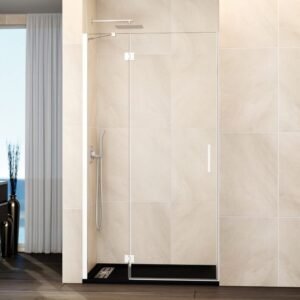 Mampara ducha Fijo + puerta abatible GLASS con cierre imán a pared blanco - Imagen 1