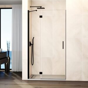 Mampara ducha Fijo + puerta abatible GLASS con cierre imán a pared negro - Imagen 1