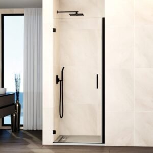 Mampara ducha 1 puerta abatible GLASS bisagra cierre perfil negro - Imagen 1