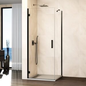 Mampara ducha abatible GLASS bisagra a perfil + lateral fijo negro - Imagen 1
